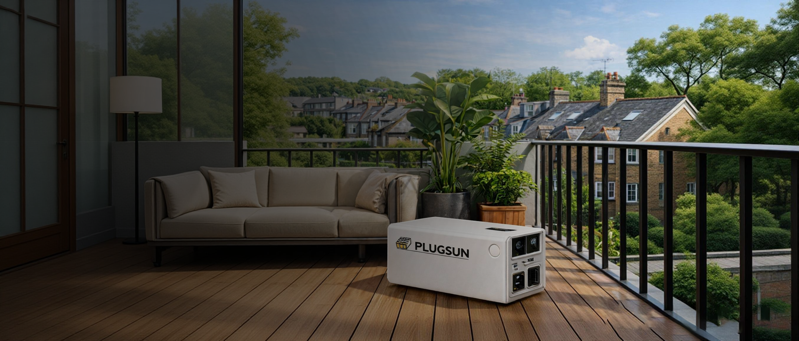 Plugsun power station on a balcony with a view of a residential area1621243260e1af0c20-0